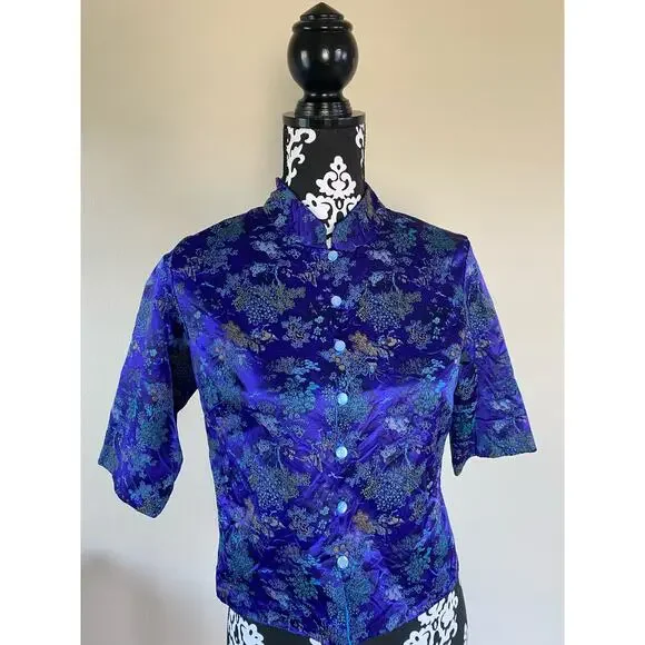 Womens Chinese Style Blouse Cheongsam Short Sleeve Qipao Top Silky Button Down M - Picture 2 of 4